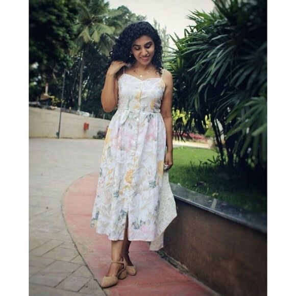 H&M Floral Print Linen Blend Button Dress Midi New - Picture 7 of 8